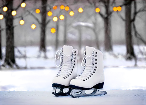 December winter scene, snowflakes gently falling, bare trees, festive lights, Christmas decorations, snowy ground, frozen lake, ice skates, warm lighting, 3/4 composition, shallow depth of field, soft