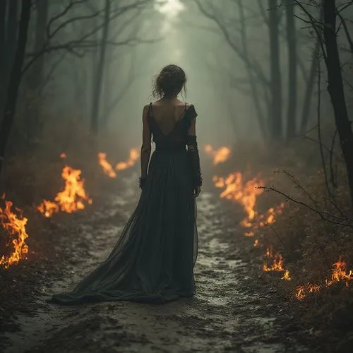 girl walking away,firelight,the mystical path,fire angel,the night of kupala,aflame