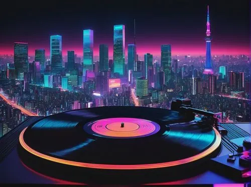 vinyl record,music record,retro turntable,electronic music,retro music,vinyl,80s,80's design,vinyl player,music world,vinyl records,fantasy city,cyberpunk,vynil,music background,musical background,turntable,shanghai,record player,dj,Illustration,Realistic Fantasy,Realistic Fantasy 05