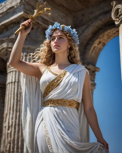 Greek goddess Aeolus, standing, flowing white toga, golden laurel wreath, long curly hair, piercing blue eyes, subtle smile, delicate fingers holding a ornate silver scepter, transparent draped fabric