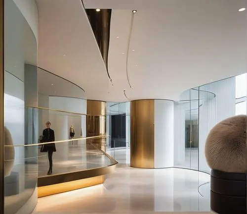 a sunlit museum interior. Award-winning design features smooth, curved glass walls that subtly separate airy exhibit spaces. Capture the feeling of wonder and openness. Alvar Aalto,lobby,interior mode