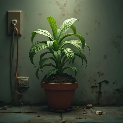 stunning image of a cute adorable plant in a pot plugged into the wall, moody, grainy, noisy, concept art, by Alberto Seveso, Cyril Rolando, Dan Mumford, Meaningful Visual Art, Detailed Painting, Digi