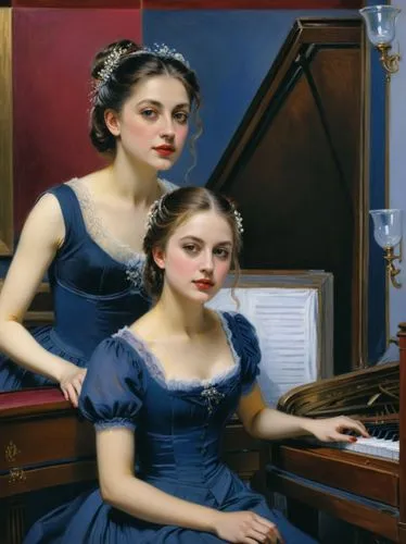 The two Legrand sisters in a Parisian piano bar. It should look as if a French Impressionist, as if Edgar Degas had painted the whole scene.,two girls are sitting near a piano playing the piano,pianis