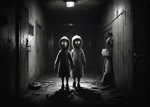 asylum,abduction,room children,residents,creepy doorway,penumbra,the morgue,little girls walking,little boy and girl,children,ghosts,hallway,creepy,slender,orphans,angels of the apocalypse,a dark room,haunt,children of war,children of uganda,Illustration,Black and White,Black and White 35