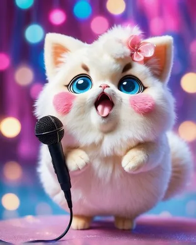 Realistic Jigglypuff, pink puffy body, detailed fluffy fur, big blue eyes, blushing cheeks, white pom-poms on head, singing pose, microphone in hand, sparkles around, shimmering light effects, colorfu