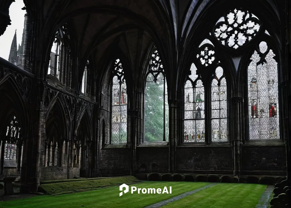 Gothic cathedral, England, medieval era, grandiose structure, intricate stone carvings, stained glass windows, towering spires, ribbed vaults, pointed arches, ornate gargoyles, mysterious atmosphere, 