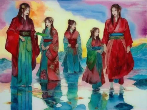 An amazing nude japanese young woman  with red lips and green eyes,four women wearing long red gowns stand in water, near a colorful sky,chuseok,hanfu,hanbok,demoiselles,kunqu,kimonos,Illustration,Jap