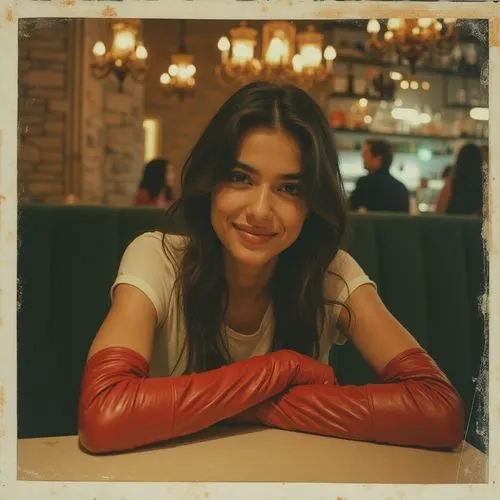 Create an image of a beautiful wife   girl sitting at a table in a trendy, youthful setting, as if she’s on a evening date with her lover. She’s wearing a casual teen T-shirt and simple, relaxed cloth