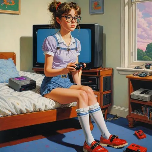 retro girl,girl at the computer,sega genesis,retro woman,retro women,super nintendo,sega mega drive,jasinski,nes,velma,snes,tecmo,rollerskates,girl studying,moranis,girl with cereal bowl,playstation,nintendo entertainment system,programadora,atari 2600,Conceptual Art,Sci-Fi,Sci-Fi 21