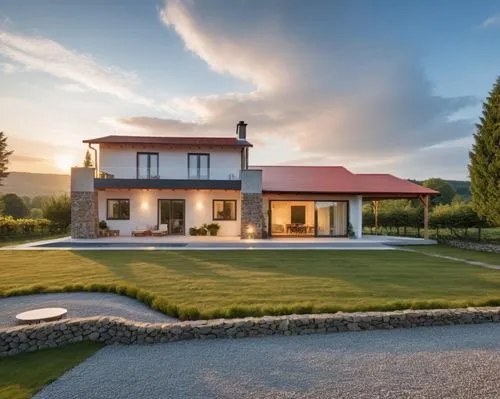 A minimalist house with a gable red roof, featuring stone accents on the facade, set in a village surrounded by small hills and forest. The large windows have anthracite gray frames, adding a sleek, m