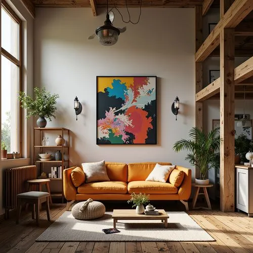 modern decor,living room,contemporary decor,livingroom,loft,interior decor,interior design,danish furniture,home interior,sitting room,mid century modern,wooden beams,interior decoration,apartment lounge,boho art style,scandinavian style,the living room of a photographer,boho art,interiors,wall decor