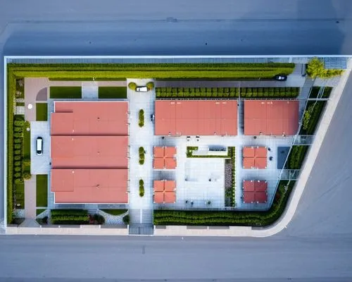 an aerial view of a parking lot and a road,tennis court,overhead view,overhead shot,shenzhen vocational college,view from above,basketball court,Photography,General,Realistic