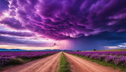 purple and white clouds in the sky over a dirt road, magnificent background, amazing wallpaper, magical colors and atmosphere, interstellar stormy bright sky, beautiful wallpaper, beautiful iphone wal