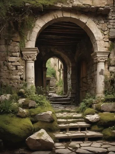 bomarzo,stone bridge,archways,kykuit,grotto,archway,ruins,stone gate,arches,passage,walkway,pathway,passageway,bridge arch,stone stairway,entry path,entrada,springhouse,chapel bridge,the mystical path,Illustration,Realistic Fantasy,Realistic Fantasy 43