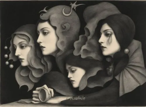 the three women are looking at soing in their hands,quartette,quartetto,mezzotints,mezzotint,fornasetti,widows,Illustration,Black and White,Black and White 23