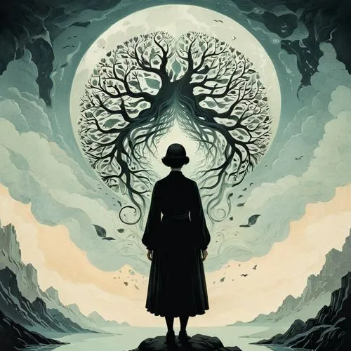 carcosa,leota,schierstein,mediumship,tree of life,schierholtz,lovecraftian,druidry,woman silhouette,lughnasa,eldritch,emancipator,witchfinder,rooted,druidic,precognition,lovecraft,matriarchal,girl with tree,conjurer,Illustration,Japanese style,Japanese Style 08