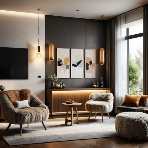 3d render interior design of a modern living room, with a bar side at the right side end of the living room, with playful furry furniture and warm lamp lighting,modern decor,modern living room,interio