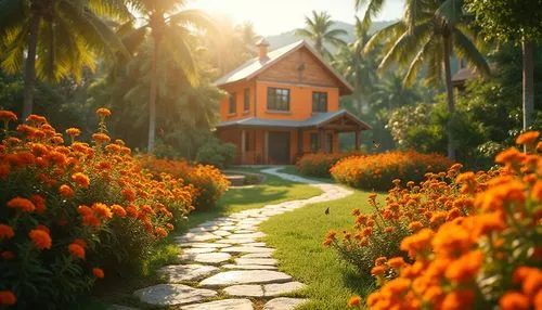 Vibrant tangerine-colored scenery, bright sunny day, warm atmosphere, beautiful orange-hued flowers blooming in a lush green garden, delicate petals swaying gently in the breeze, a winding stone path 