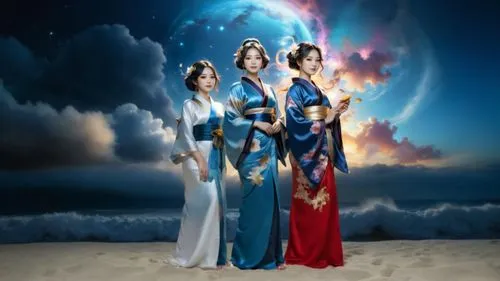 create a photo realistic image of three beautiful  Japanese very voluptuous goddesses. All three are floating in the void near a nebula in the back ground. All three females have beautiful angelic-lik