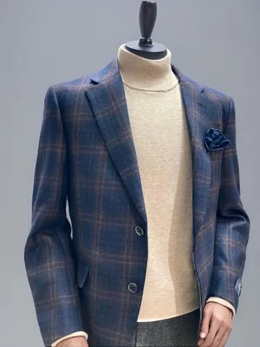 a mannequin stands behind a male suit and sweater,zegna,sportcoat,men's suit,men's wear,men clothes,lumberjack pattern,Male,Eastern Europeans,Pure Color,Light Grey