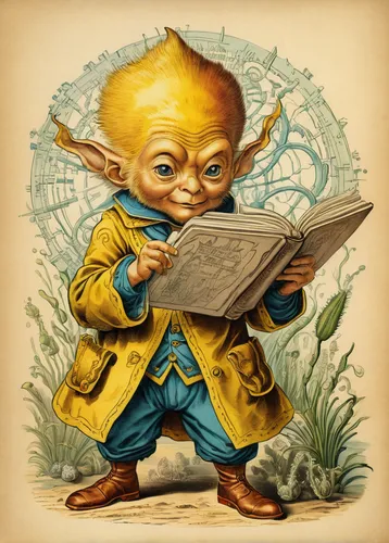 reading magnifying glass,pinocchio,caricaturist,scandia gnome,geppetto,johnny jump up,magnifier,child with a book,vintage ilistration,goblin,jiminy cricket,magnifier glass,magnifying glass,gnome,book illustration,sci fiction illustration,magnify glass,vintage illustration,dumbing down,magic book,Illustration,Retro,Retro 24