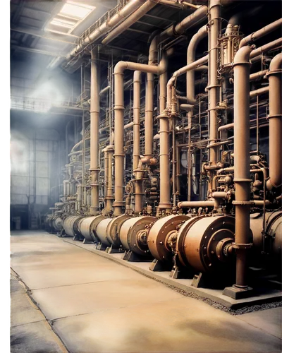 Industrial background, dimly lit, metallic texture, concrete floor, exposed pipes, steam valves, machinery equipment, factory setting, atmospheric perspective, warm color tone, high contrast lighting,