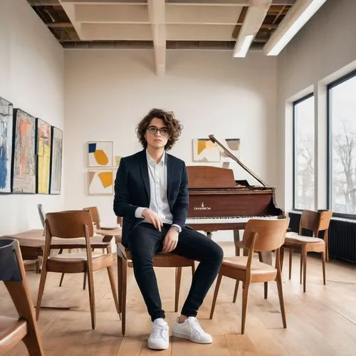 Modern interior design graduate student, 25yo, messy bobbed hair, black-framed glasses, casual blazer, white shirt, dark jeans, Adidas sneakers, holding a large portfolio, standing in a sleek, minimal