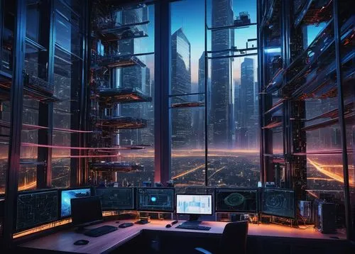 cybercity,computer room,the server room,cyberview,cyberport,cyberscene,cyberpunk,cybertown,cyberia,futuristic landscape,modern office,computerworld,computation,mainframes,cyberworld,cyberspace,ctbuh,futuristic,metropolis,skyscraper,Illustration,American Style,American Style 07
