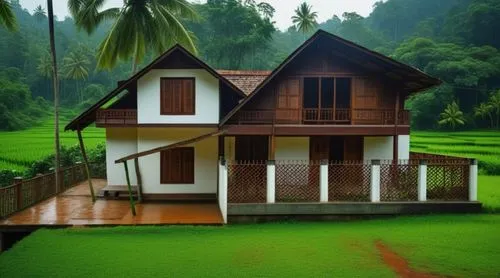 kerala vernacular style architecture with lush green vegetation and rainy climate
,kerala,kerala porotta,srilanka,traditional house,house with lake,small house,miniature house,wooden house,home landsc