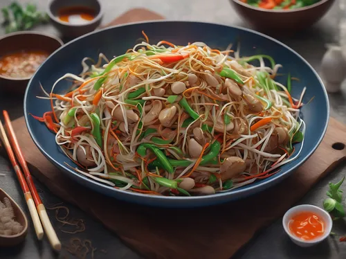 Write a recipe for a flavorful stir-fry dish with crunchy bean sprouts.,pad thai,thai northern noodle,green papaya salad,rice vermicelli,vermicelli,thai noodles,glass noodle salad,chinese chicken sala