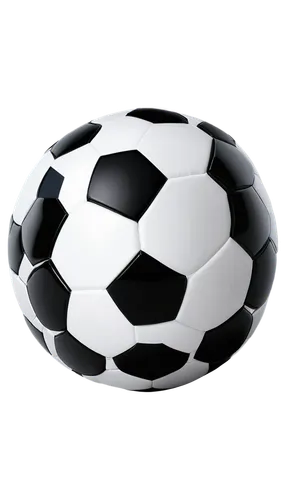 Soccer ball, transparent background, white panels, black pentagons, bright reflective surface, glossy texture, inflated shape, detailed stitching, slight shadow, 45-degree angle view, softbox lighting