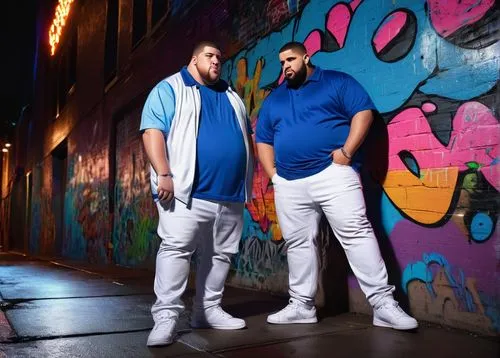 Peter Griffin, Drake, obese, blue shirt, white pants, sneakers, microphone in hand, confident facial expression, hip-hop pose, city street, graffiti wall, night scene, neon lights reflecting off wet p