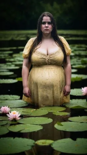 sie steht in einem see mit blühenden seerosen. es regnet sTARK MIT GROßEN REGENTROPFEN,nymphaea,giant water lily,nuphar,large water lily,nymphaea gigantea,lily pad,nelumbo,water lotus,water nymph,lily