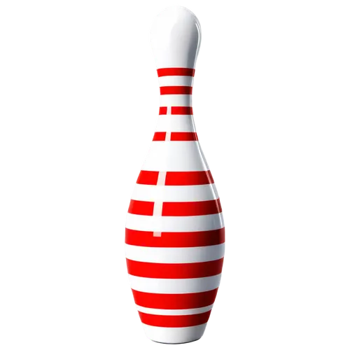 Transparent background, single bowling pin, white and red stripes, glossy surface, reflective material, 3D rendering, dynamic lighting, dramatic shadows, low-angle shot, symmetrical composition, high-