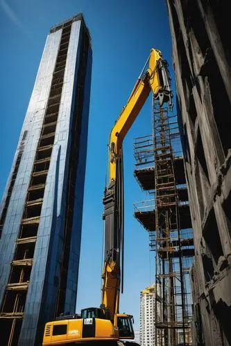 Modern skyscraper, architectural design, construction site, urban cityscape, steel beams, concrete pillars, glass facade, reflective windows, intricate details, blueprints, building plans, measuring t