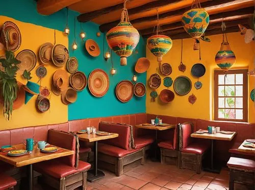 Cozy small Mexican restaurant, warm yellow walls, vibrant turquoise accents, colorful sombreros, rustic wooden tables, chairs with woven seats, ceramic tiles, traditional Talavera pottery, piñatas han