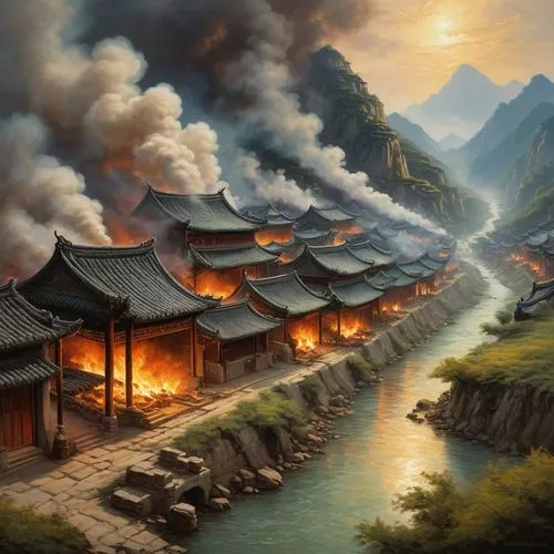 oriental painting,world digital painting,mountain village,fantasy landscape,wuyuan,lijiang,mountain settlement,korean folk village,rongfeng,huanglong,wenchuan,tianlong,yiping,asian architecture,fantasy picture,tianxia,oriental,dongbuyeo,landscape background,longhouses,Illustration,Realistic Fantasy,Realistic Fantasy 03