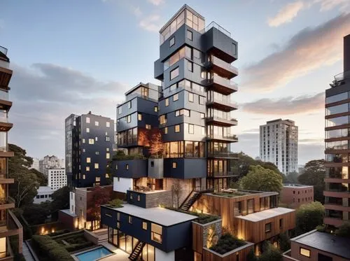 black metal cladding + accent grey building ,aluminium cladding, big glass windows, large swimming pools scattered on different levels,tall apartment buildings in a residential area with swimming pool