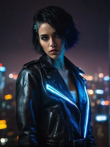 jacket,gentiana,bolero jacket,birds of prey-night,leather jacket,renegade,cyberpunk,femme fatale,cg artwork,portrait background,midnight blue,blu,catwoman,neon lights,indigo,electric blue,visual effect lighting,veronica,persona,ursa,Illustration,Abstract Fantasy,Abstract Fantasy 16