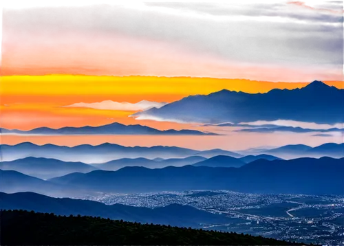 Panoramic view, vast horizon, sunset, orange yellow sky, fluffy white clouds, layered mountains, misty atmosphere, dramatic lighting, cinematic composition, 16,alpine sunset,mountain sunrise,dharamsal