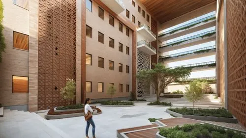 Create the exterior façade of a modern university building with a strong emphasis on brick jali work. The design should integrate a balance of tradition and contemporary architecture, with intricate b