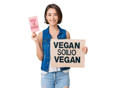 Vegan lady, solo, (25yo), clear skin, bright eyes, short brown hair, gentle smile, casual wear, denim jacket, white tank top, distressed jeans, sneakers, holding vegan sign, standing, natural pose, so