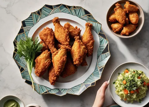 Create a savory scene with succulent fried chicken wings.,fried chicken fingers,chicken drumsticks,chicken fingers,chicken wings,chicken tenders,fried chicken wings,chicken strips,empanadas,seasoned c