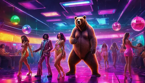 nightclub,clubbing,dance club,disco,go-go dancing,neon carnival brasil,rave,neon human resources,deep zoo,the bears,cinema strip,neon ghosts,a party,bear market,neo-burlesque,icebear,bears,neon lights,capybara,discobole,Illustration,Realistic Fantasy,Realistic Fantasy 38