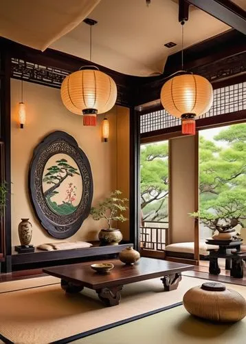 japanese-style room,ryokan,japanese zen garden,ryokans,zen garden,tatami,tea ceremony,teahouses,teahouse,japanese restaurant,dojo,zuoyi,tea zen,zen stones,japanese tea,fengshui,interior decor,kyoto,asian architecture,japan garden,Illustration,Abstract Fantasy,Abstract Fantasy 13