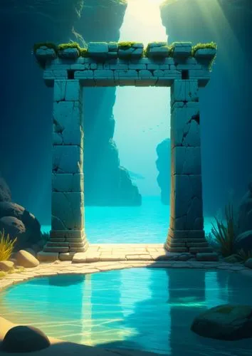 2D concept art, ancient Achaemenid magical portal made with stones, flat lighting, highly detailed,this is an image of a deep blue sea,underwater oasis,atlantica,artemis temple,atlantis,cartoon video 