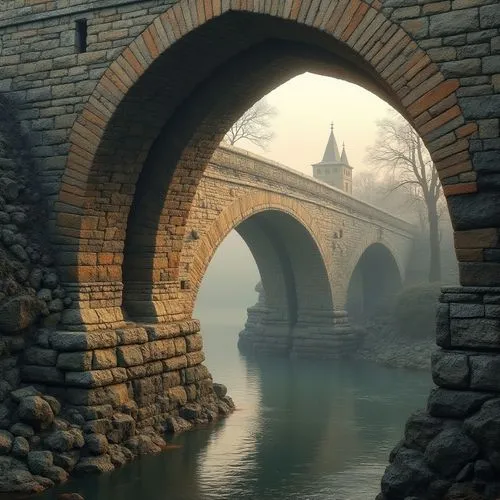 Masonry material, bridge construction, ancient stone arch bridge, medieval style, rusticated stones, granite texture, ornate carvings, Gothic architecture, riverside, misty morning, golden light, soft