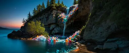 an outdoor event with decorations on a cliff above water,long exposure,lightpainting,long exposure light,colorful water,longexposure,light painting,bow falls,fantasy picture,lake louise,bridal veil fa