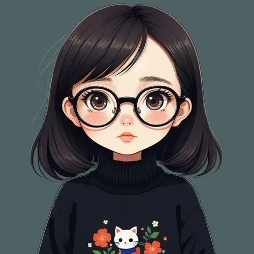 女生，眼镜，黑色毛衣，卡通，chibi，日本动漫，动漫，插画，扁平插画,a girl with glasses and a sweater is standing,cute cartoon character,dressup,megu,shimoji,sweater,megane,Illustration,Japanese style,Japanese Style 16