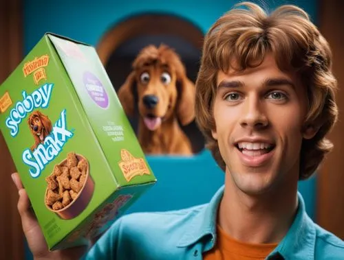 Handsome young funny man with a box of Scooby Snax, He looks like Shaggy from Scooby Doo. background computer,a man holding up a box of snacks,shaggy,scooby,krispies,kelloggs,cereal,iams,Photography,G